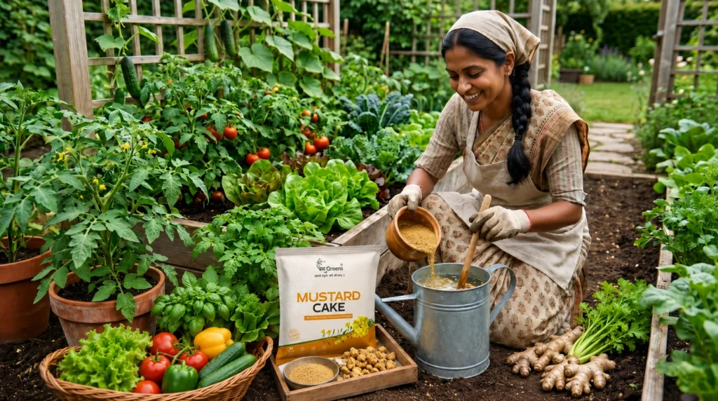 A woman applying mustard cake fertilizer in a lush vegetable garden with tomatoes, leafy greens, and watering can for organic plant growth.