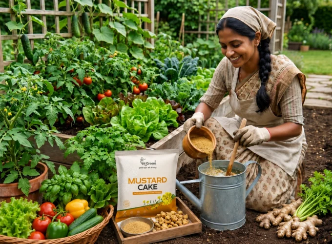 A woman applying mustard cake fertilizer in a lush vegetable garden with tomatoes, leafy greens, and watering can for organic plant growth.