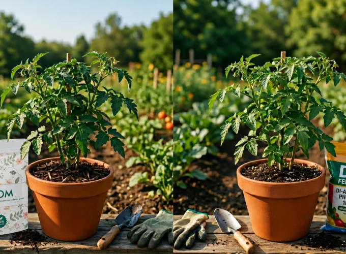 Side-by-side comparison of PROM fertilizer and DAP fertilizer used on potted plants in a garden setting