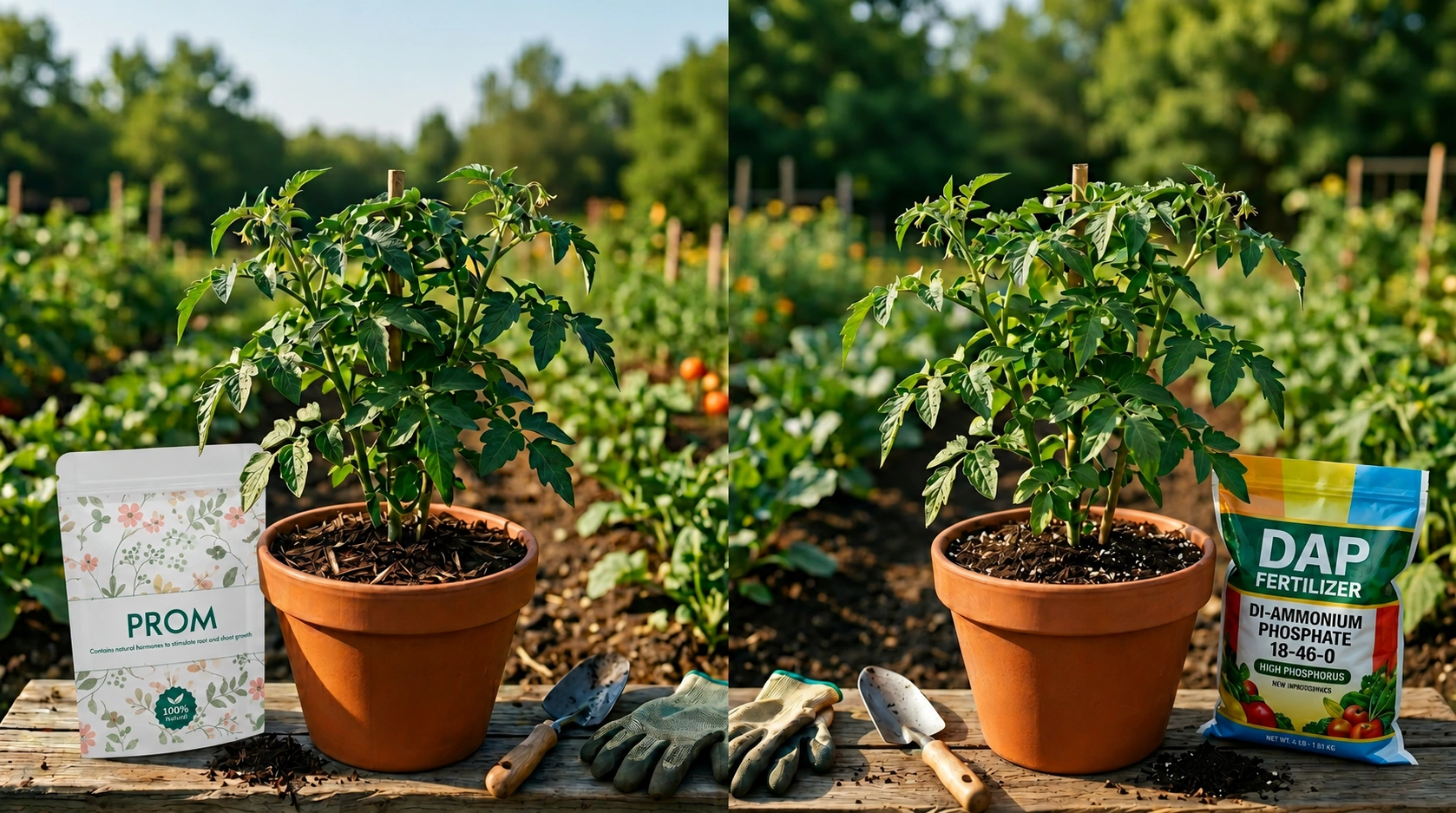 Side-by-side comparison of PROM fertilizer and DAP fertilizer used on potted plants in a garden setting