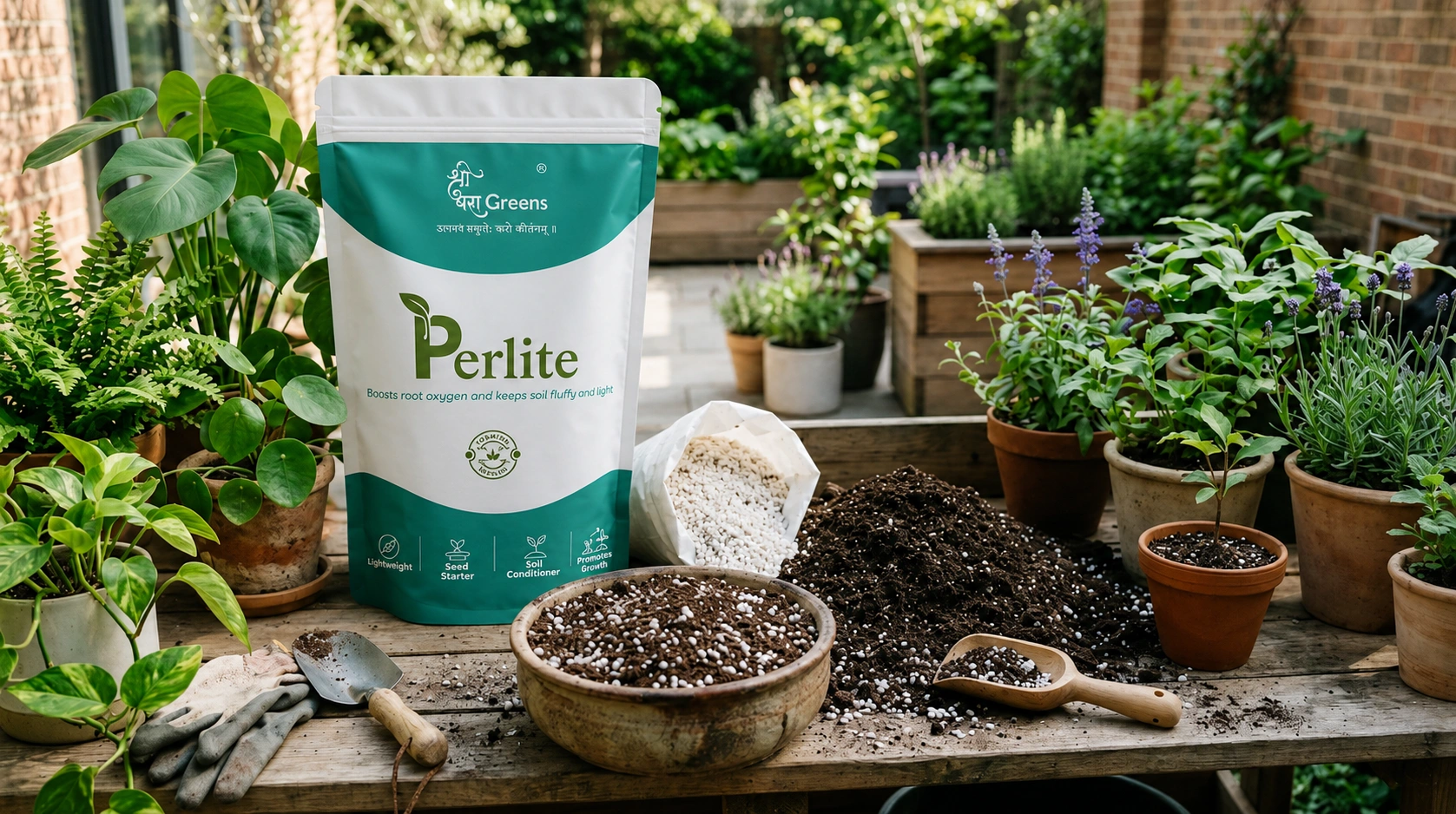 Need Perlite for plants gardening mix with soil and potted plants on wooden table