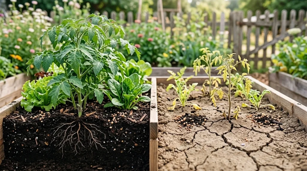 Organic Fertilizer comparison showing healthy green plants in rich soil versus weak plants in dry cracked soil in a home garden