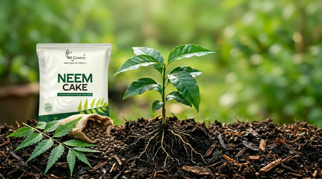 Neem cake fertilizer bag placed beside a young green plant growing in rich soil, representing natural organic neem fertilizer for healthy roots and soil protection.