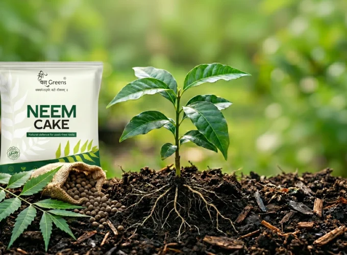 Neem cake fertilizer bag placed beside a young green plant growing in rich soil, representing natural organic neem fertilizer for healthy roots and soil protection.
