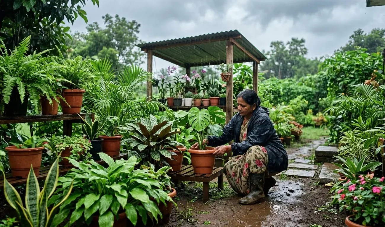 Woman arranging potted plants in a lush garden during rainy weather, surrounded by greenery and wet soil