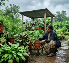 Woman arranging potted plants in a lush garden during rainy weather, surrounded by greenery and wet soil