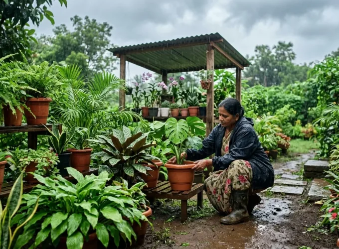 Woman arranging potted plants in a lush garden during rainy weather, surrounded by greenery and wet soil