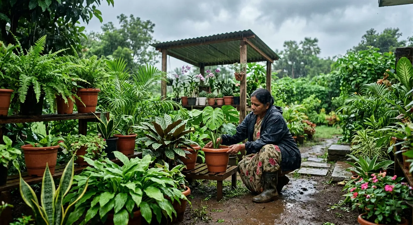 Woman arranging potted plants in a lush garden during rainy weather, surrounded by greenery and wet soil