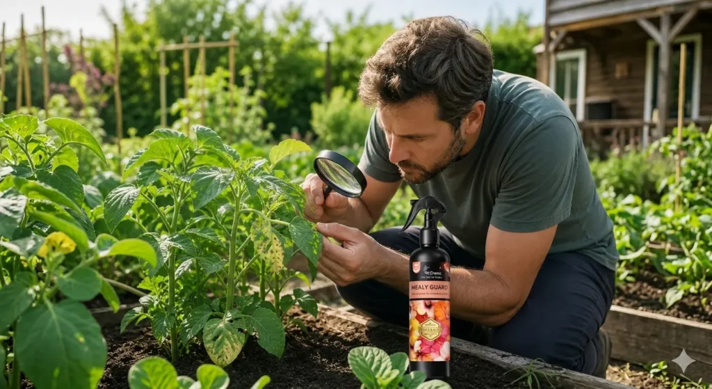 Man closely examining vegetable plant leaves with a magnifying glass in a garden, with a pest control spray bottle nearby