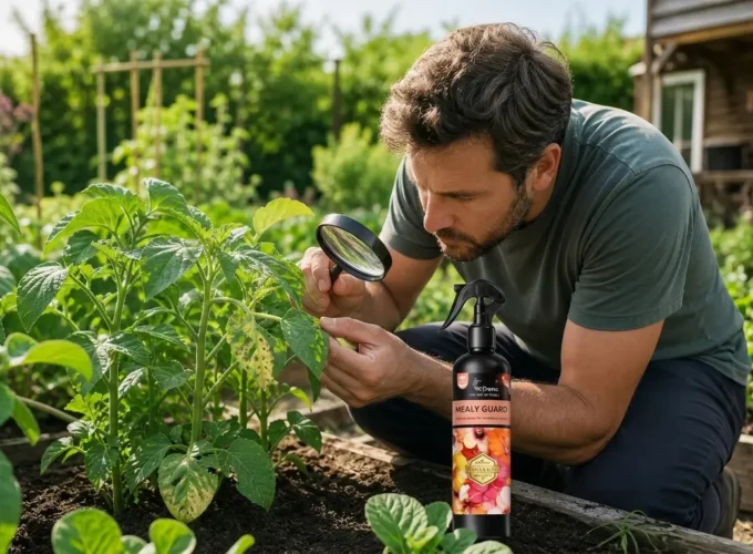 Man closely examining vegetable plant leaves with a magnifying glass in a garden, with a pest control spray bottle nearby