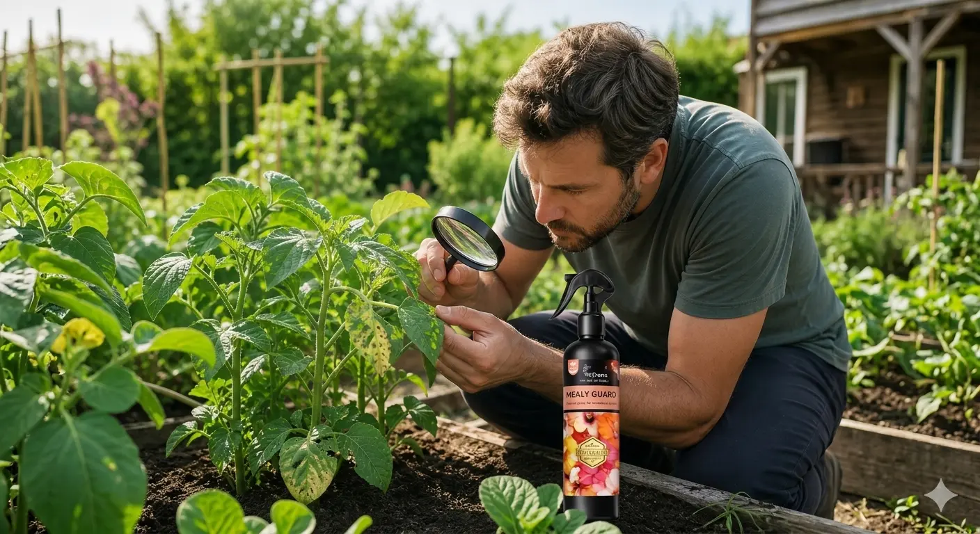 Man closely examining vegetable plant leaves with a magnifying glass in a garden, with a pest control spray bottle nearby