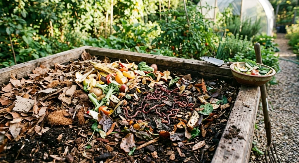 Organic vermicompost setup with kitchen waste, dry leaves, soil, and earthworms used to make nutrient-rich compost in a garden.