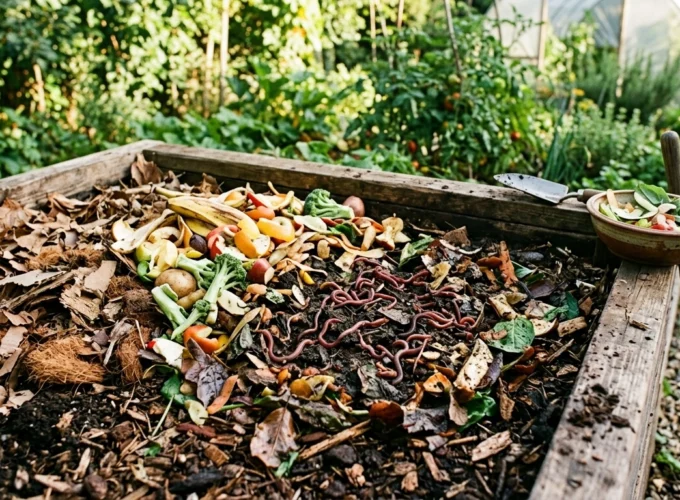Organic vermicompost setup with kitchen waste, dry leaves, soil, and earthworms used to make nutrient-rich compost in a garden.