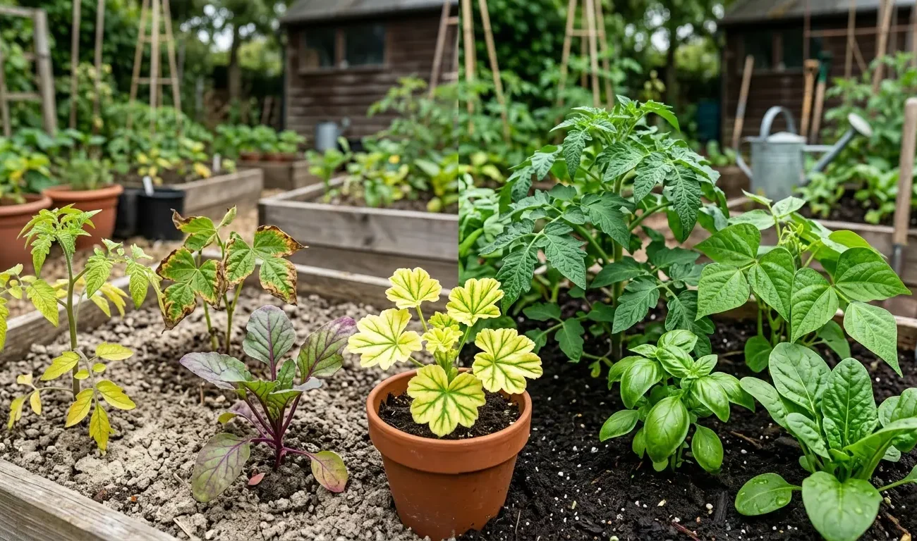 Side-by-side garden showing plants with yellowing, purple, and damaged leaves due to nutrient deficiency on the left, and lush green healthy plants growing in rich soil on the right
