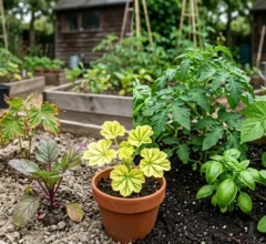 Side-by-side garden showing plants with yellowing, purple, and damaged leaves due to nutrient deficiency on the left, and lush green healthy plants growing in rich soil on the right