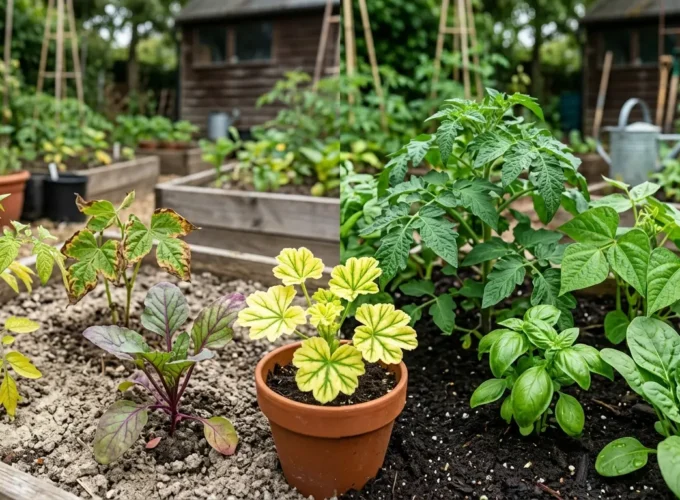 Side-by-side garden showing plants with yellowing, purple, and damaged leaves due to nutrient deficiency on the left, and lush green healthy plants growing in rich soil on the right
