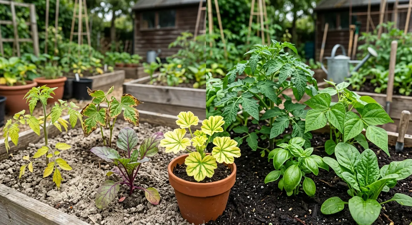 Side-by-side garden showing plants with yellowing, purple, and damaged leaves due to nutrient deficiency on the left, and lush green healthy plants growing in rich soil on the right