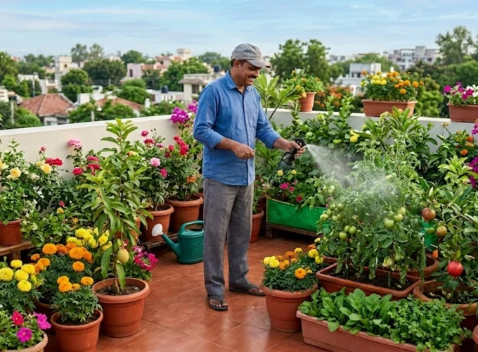 Indian man spraying growth promoters on flowering and vegetable plants in a colorful rooftop terrace garden
