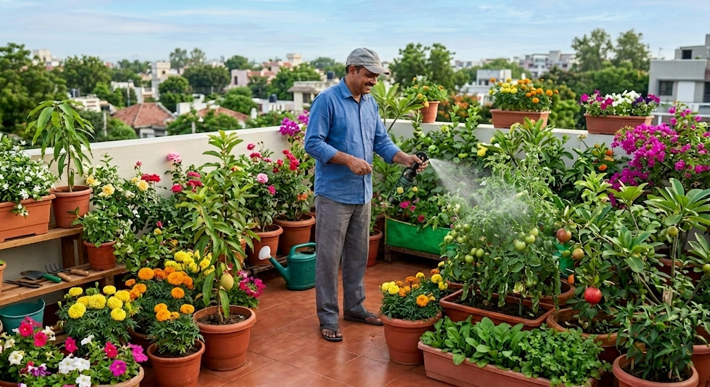 Indian man spraying growth promoters on flowering and vegetable plants in a colorful rooftop terrace garden