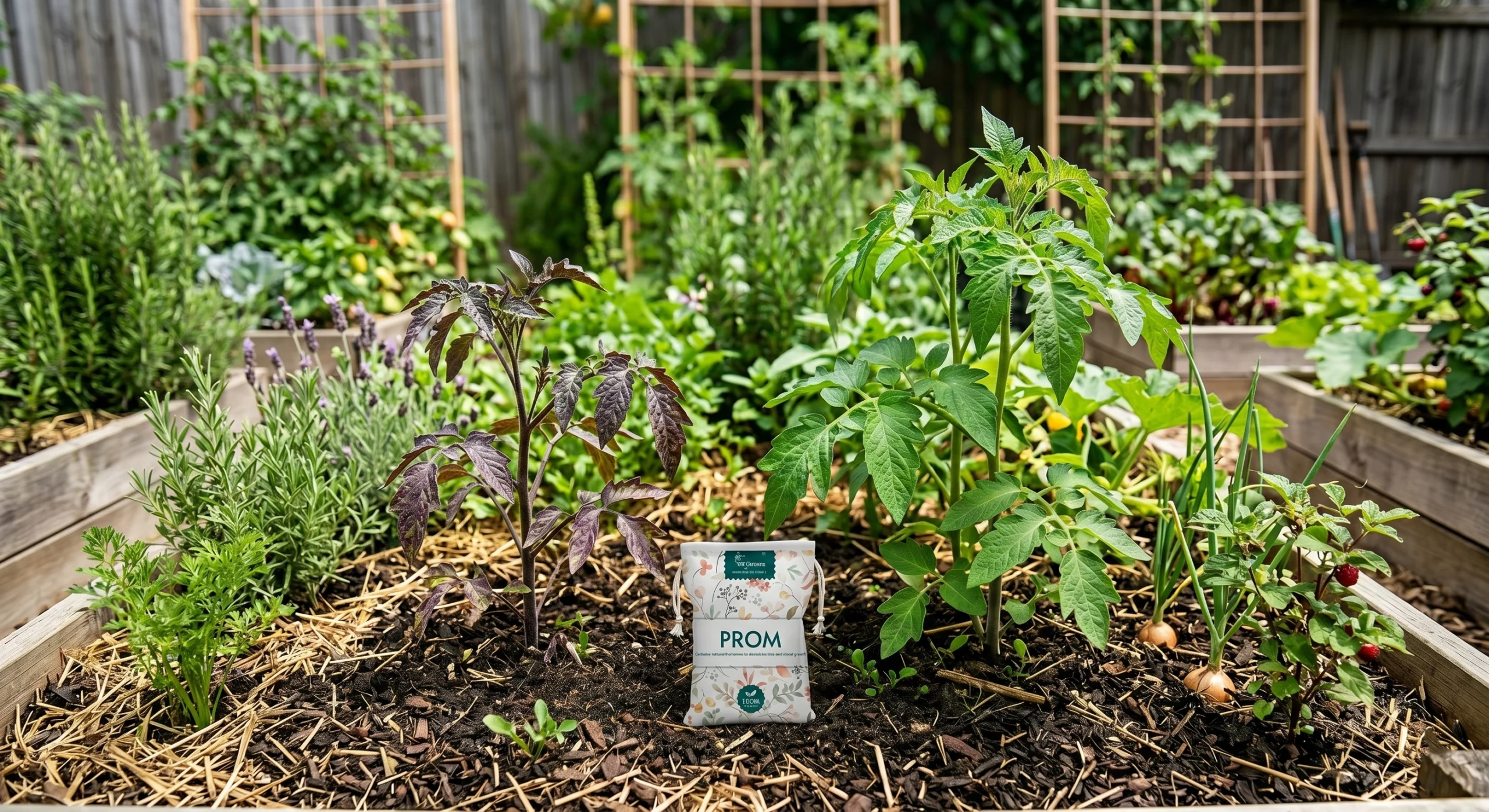 Garden bed with vegetable plants and herbs, showing a PROM fertilizer packet placed in soil, natural organic gardening scene