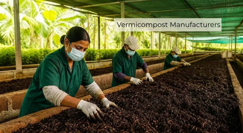 Workers processing organic vermicompost from manufacturers in a professional production unit.