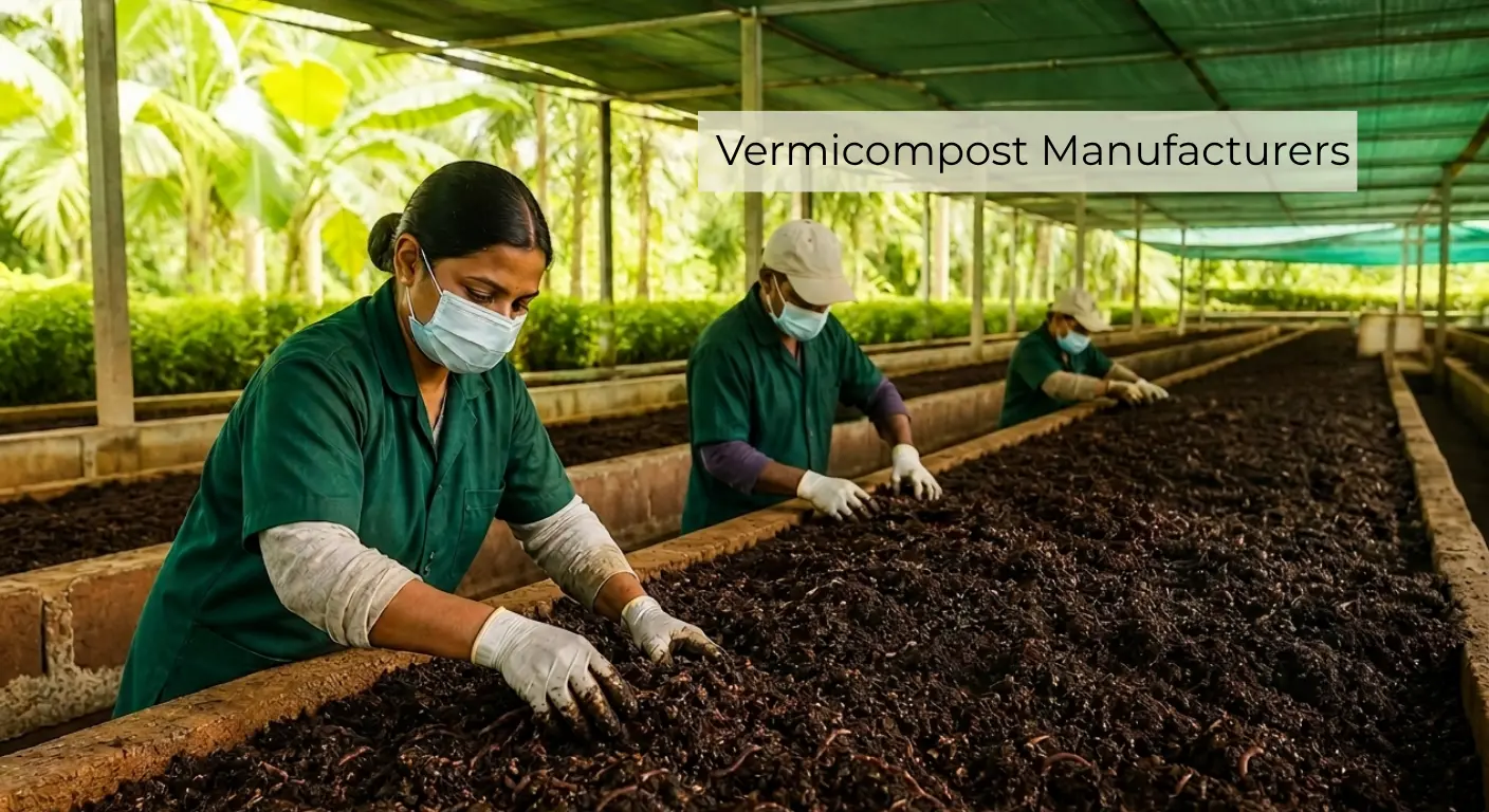 Workers processing organic vermicompost from manufacturers in a professional production unit.