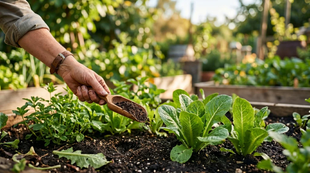 Gardener adding organic fertilizer to healthy vegetable plants in a backyard garden bed.