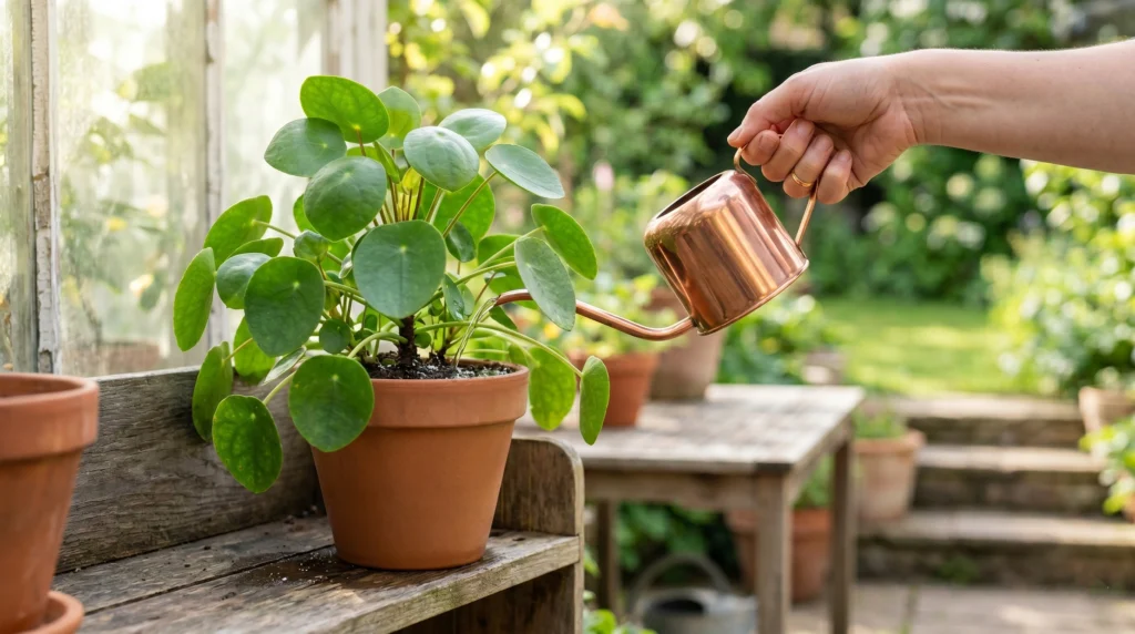Hand watering a healthy green potted plant with a copper watering can in a garden, showing plant care and revival process.