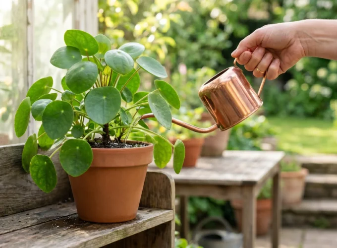 Hand watering a healthy green potted plant with a copper watering can in a garden, showing plant care and revival process.