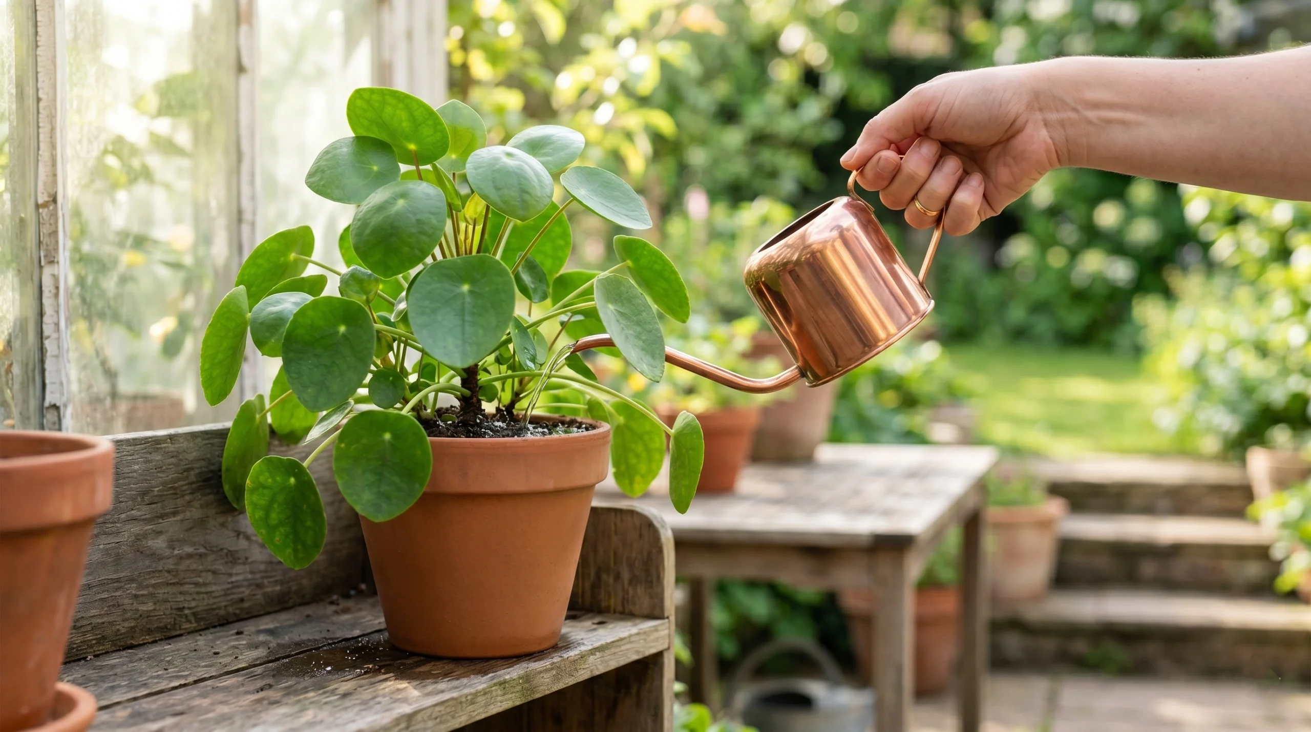 Hand watering a healthy green potted plant with a copper watering can in a garden, showing plant care and revival process.