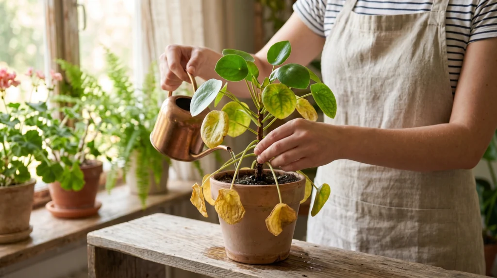 Person watering a potted indoor plant showing care for houseplants with yellowing leaves in a home garden setting.