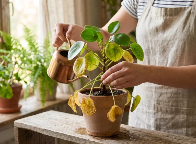 Person watering a potted indoor plant showing care for houseplants with yellowing leaves in a home garden setting.