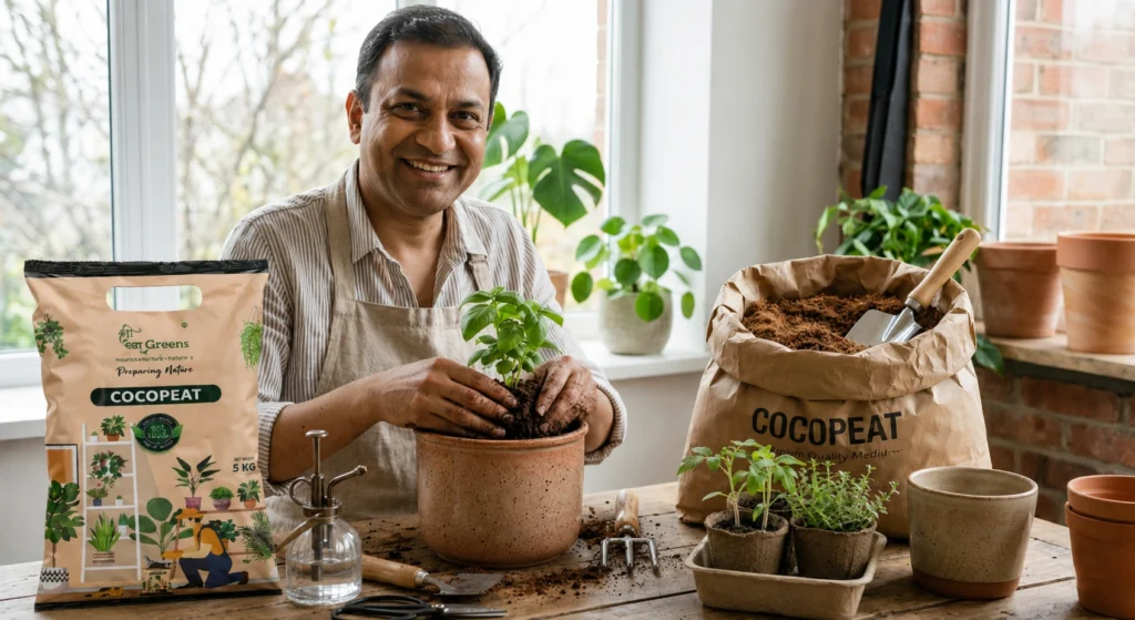 Gardener using Cocopeat while planting indoor plants in pots at home