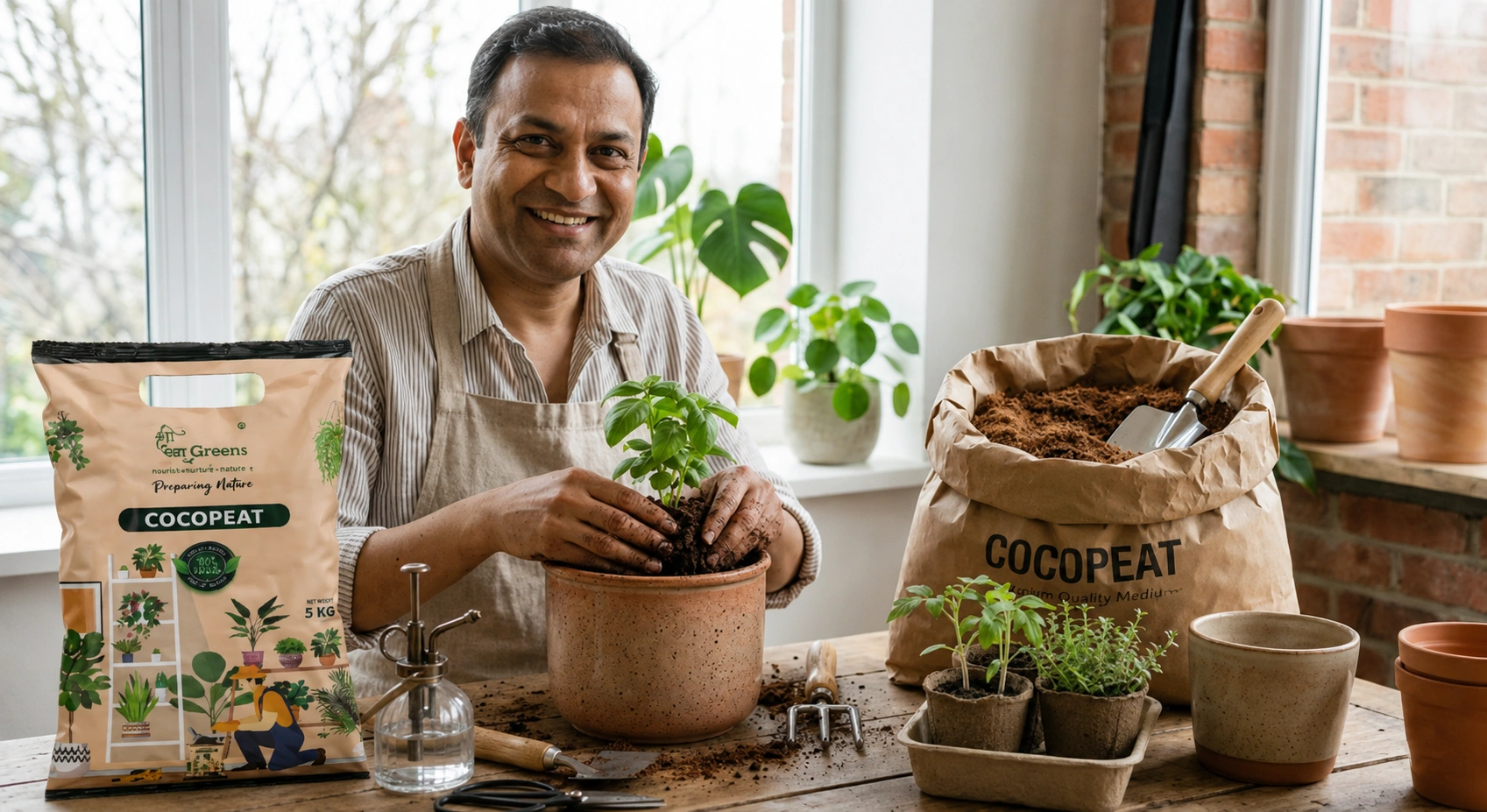 Gardener using Cocopeat while planting indoor plants in pots at home
