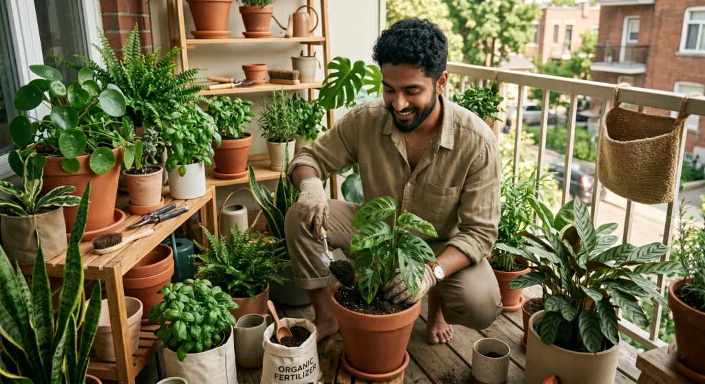Gardener applying organic fertilizer to healthy vegetable plants in a home garden bed.