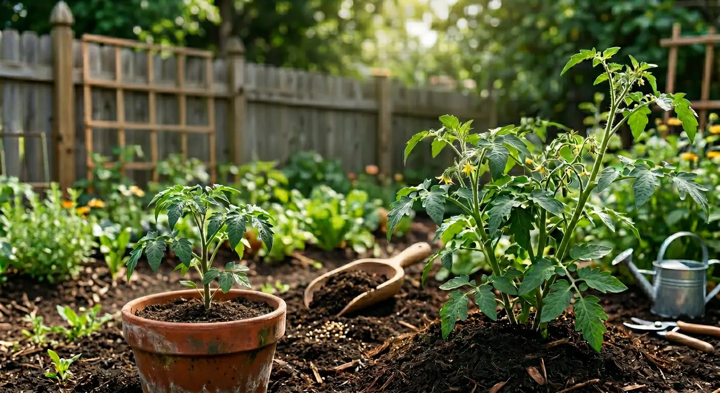 Organic Fertilizers used on potted and garden tomato plants showing different growth results