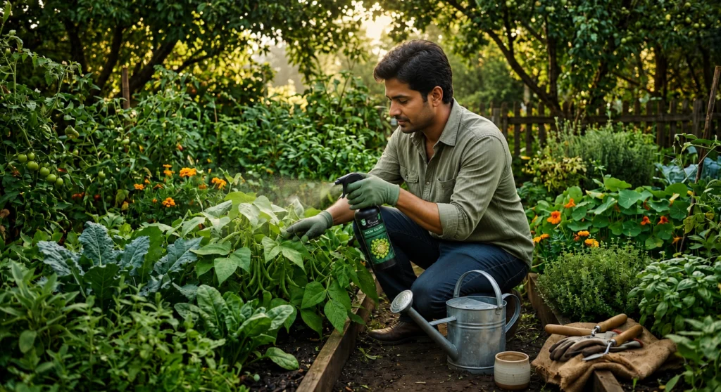 Man spraying neem oil on healthy vegetable plants in a lush home garden during cool shaded evening time