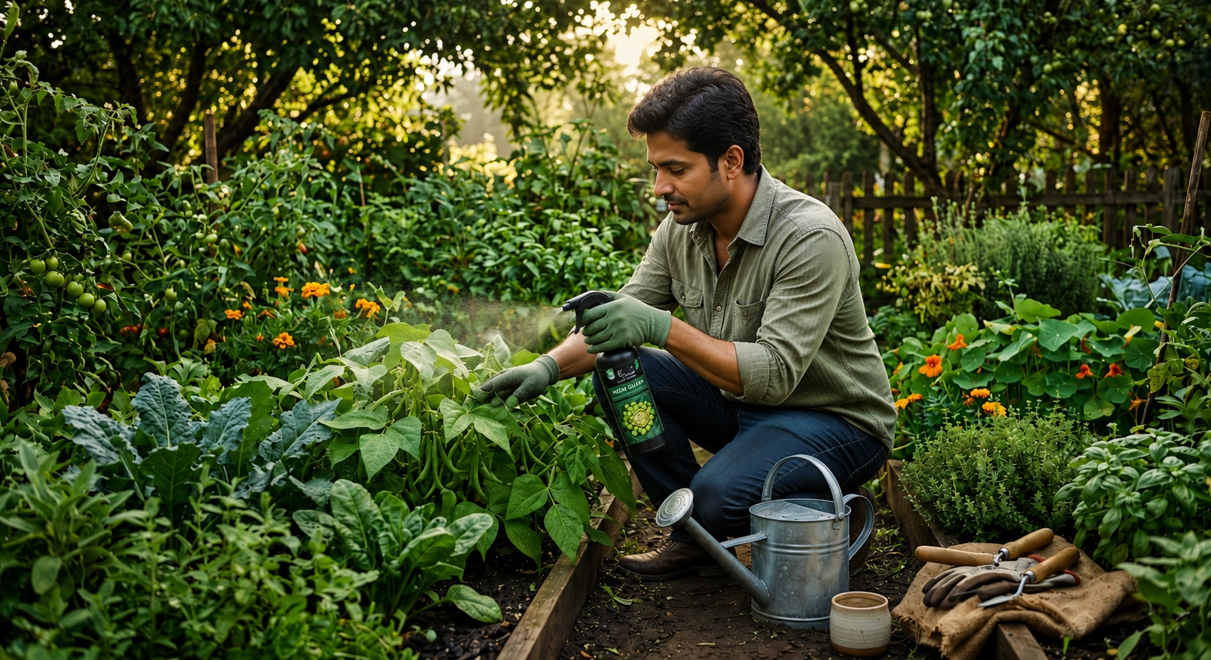 Man spraying neem oil on healthy vegetable plants in a lush home garden during cool shaded evening time