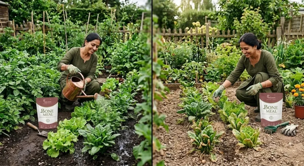 A woman watering green leafy plants in a vegetable garden next to a bag of bone meal fertilizer.