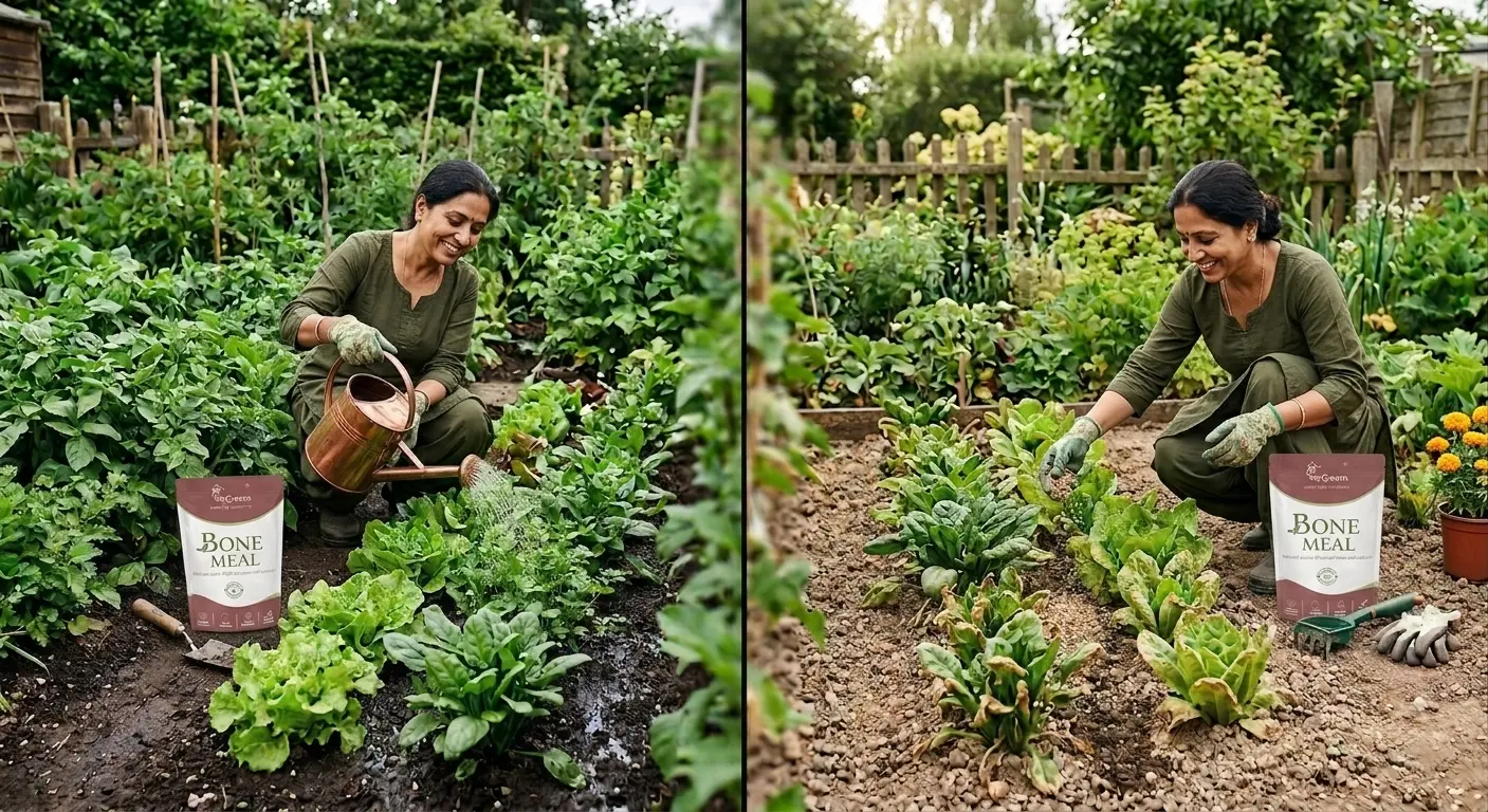 A woman watering green leafy plants in a vegetable garden next to a bag of bone meal fertilizer.