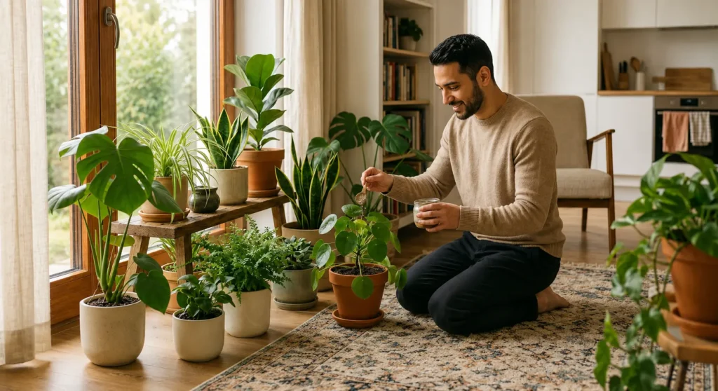 Person fertilizing indoor plants in a cozy sunlit living room with multiple healthy potted houseplants around the home.