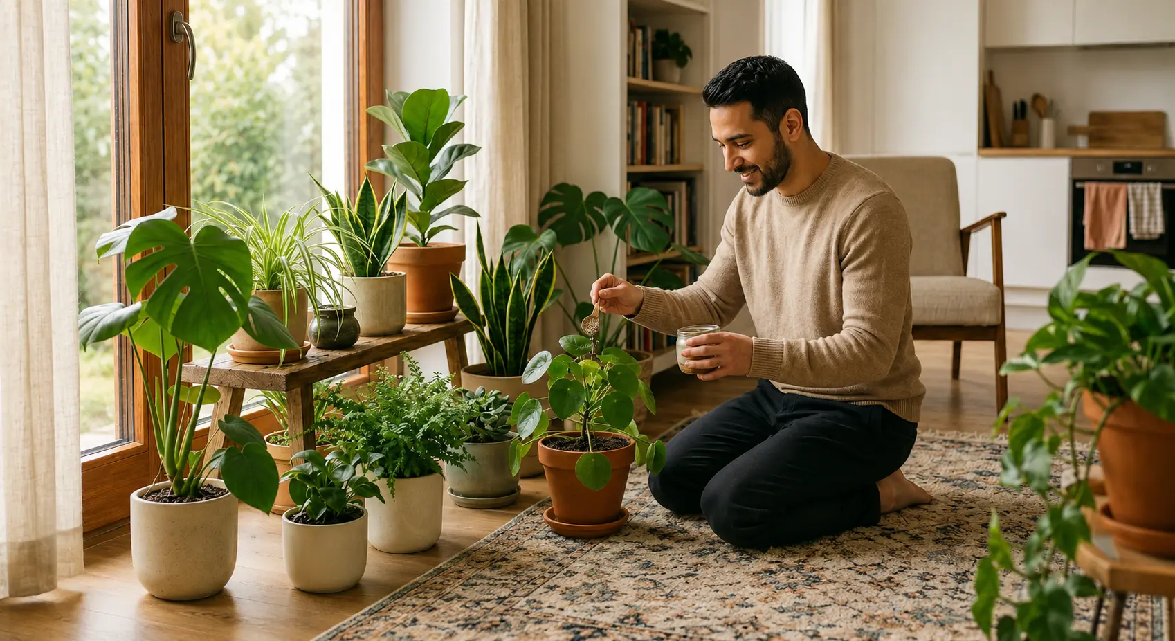 Person fertilizing indoor plants in a cozy sunlit living room with multiple healthy potted houseplants around the home.
