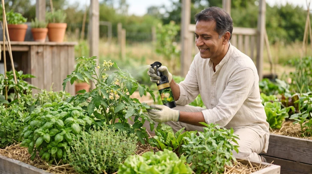 Man spraying organic virus protection solution on healthy green plants in a garden to prevent plant diseases