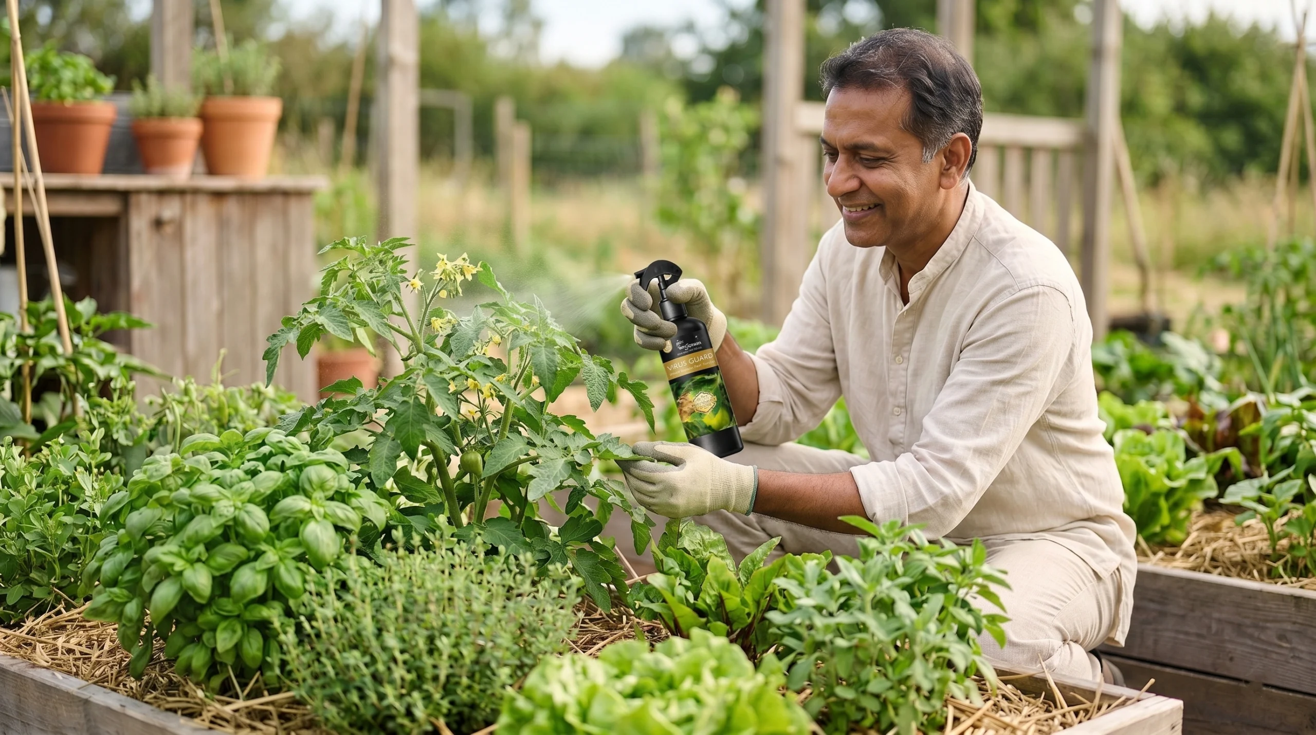 Man spraying organic virus protection solution on healthy green plants in a garden to prevent plant diseases