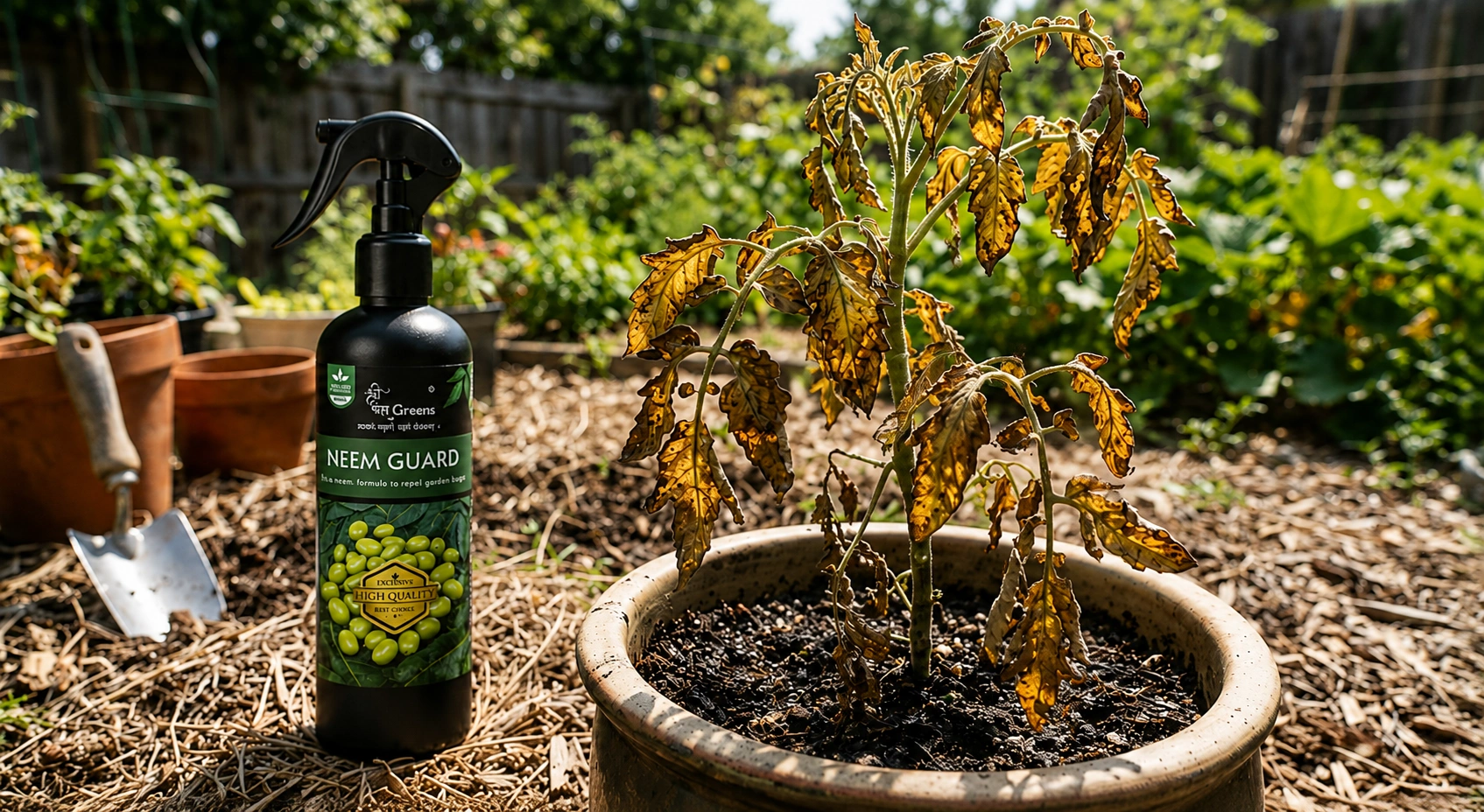 Man spraying neem oil on healthy vegetable plants in a lush home garden during cool shaded evening time