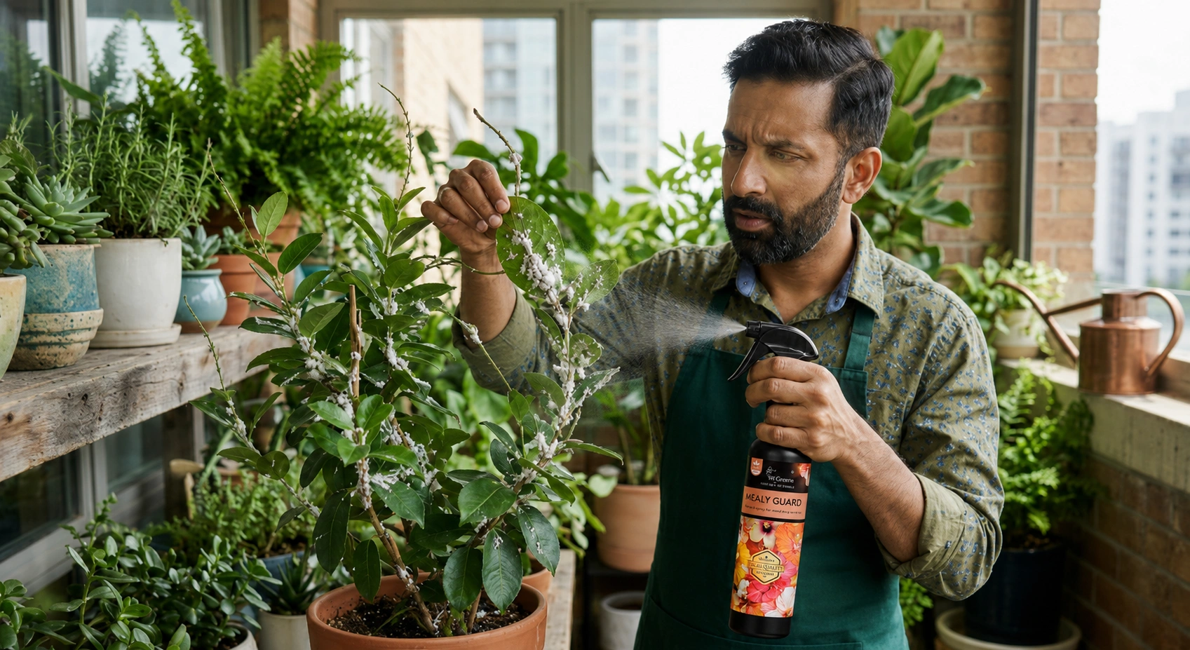 Man spraying mealybug treatment on infected indoor plant covered with white mealybugs