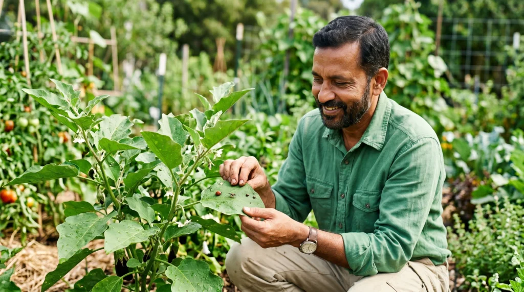 Neem cake fertilizer pellets with a young green plant growing in rich soil, showing natural gardening and organic pest control concept