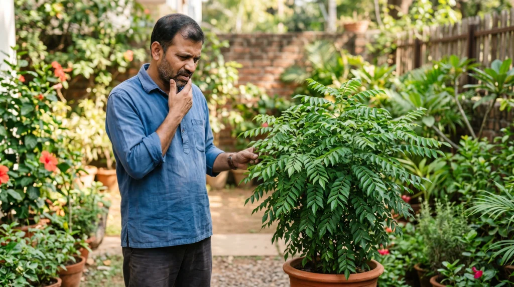 A man examining a healthy green potted plant in a garden while thinking about why it is not flowering.