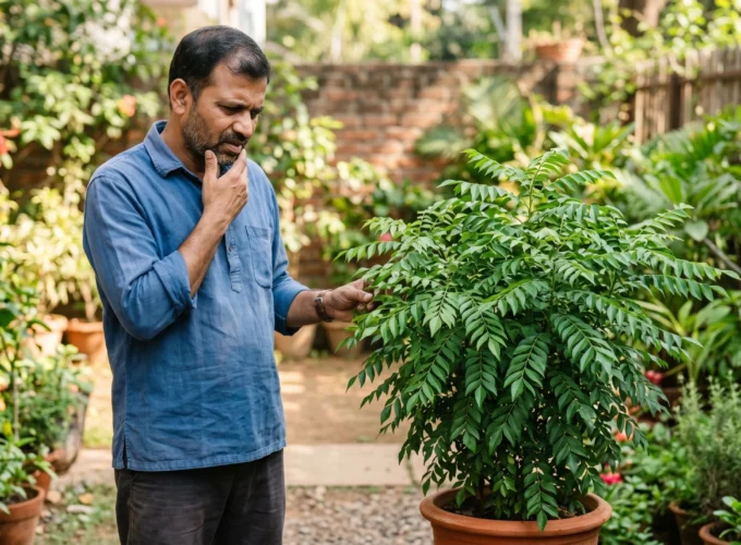 A man examining a healthy green potted plant in a garden while thinking about why it is not flowering.