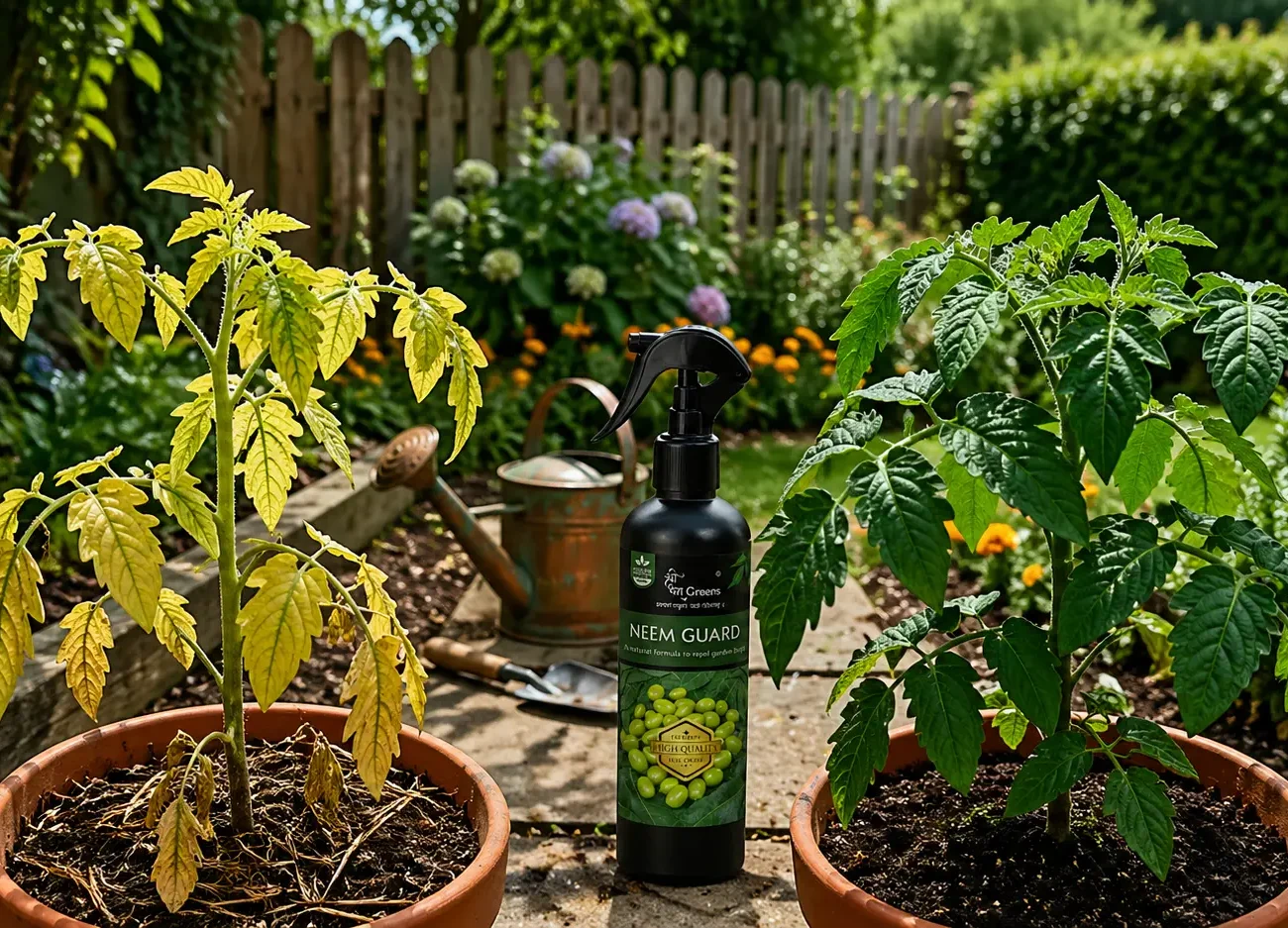 Two potted tomato plants showing contrast between unhealthy yellow leaves and healthy green growth, with a neem-based plant protection spray bottle placed in the center of a garden.